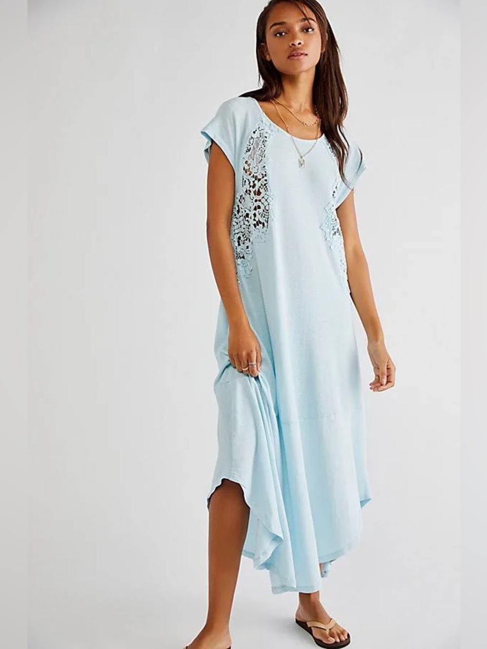 NWOT Free People Lace Detail Baby Blue Leighanne Tee Inspired Maxi Dress Sz S